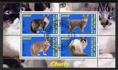 Burundi 2011 Domestic Cats #3 - blue background perf sheetlet containing 4 values fine cto used