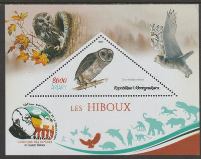 Madagascar 2019 Darwin 160th Anniversary of Publication of The Origin of Species - Owls #1 perf deluxe sheet containing one triangular value unmounted mint
