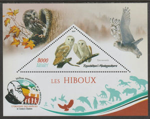 Madagascar 2019 Darwin 160th Anniversary of Publication of The Origin of Species - Owls #3 perf deluxe sheet containing one triangular value unmounted mint