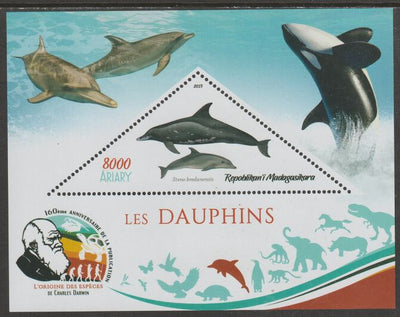 Madagascar 2019 Darwin 160th Anniversary of Publication of The Origin of Species - Dolphins #2 perf deluxe sheet containing one triangular value unmounted mint