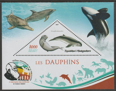 Madagascar 2019 Darwin 160th Anniversary of Publication of The Origin of Species - Dolphins #3 perf deluxe sheet containing one triangular value unmounted mint