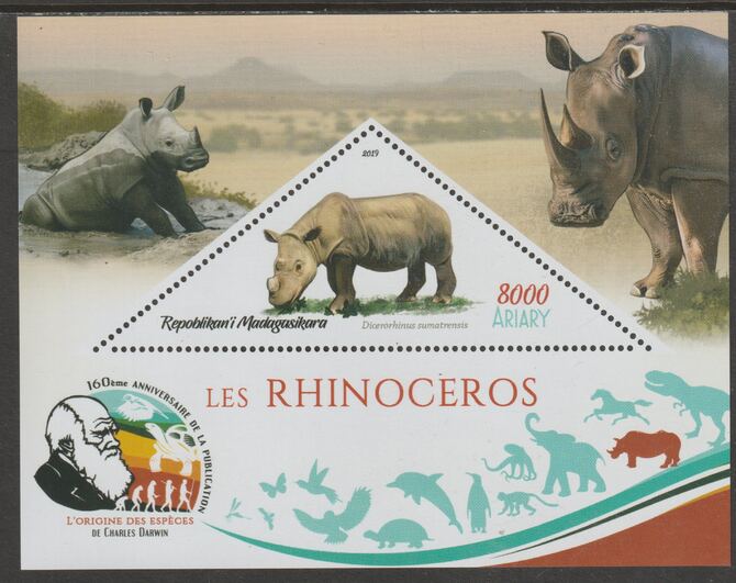 Madagascar 2019 Darwin 160th Anniversary of Publication of The Origin of Species - Rhinos #1 perf deluxe sheet containing one triangular value unmounted mint