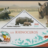 Madagascar 2019 Darwin 160th Anniversary of Publication of The Origin of Species - Rhinos #2 perf deluxe sheet containing one triangular value unmounted mint