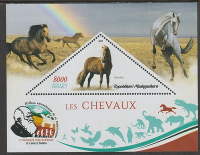 Madagascar 2019 Darwin 160th Anniversary of Publication of The Origin of Species - Horses #2 perf deluxe sheet containing one triangular value unmounted mint
