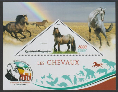 Madagascar 2019 Darwin 160th Anniversary of Publication of The Origin of Species - Horses #3 perf deluxe sheet containing one triangular value unmounted mint