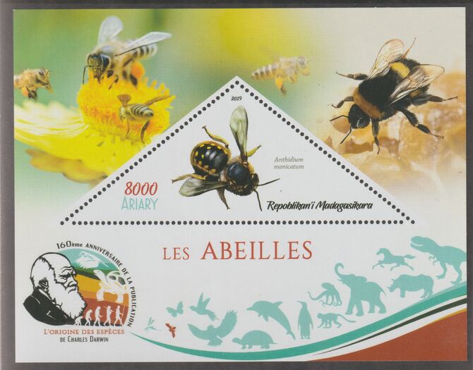 Madagascar 2019 Darwin 160th Anniversary of Publication of The Origin of Species - Bees #3 perf deluxe sheet containing one triangular value unmounted mint