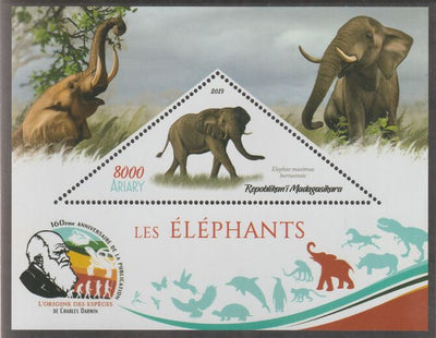 Madagascar 2019 Darwin 160th Anniversary of Publication of The Origin of Species - Elephants #2 perf deluxe sheet containing one triangular value unmounted mint
