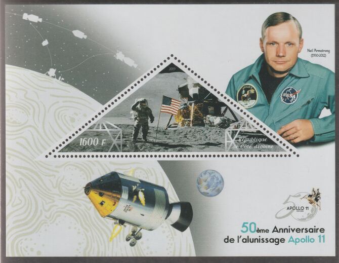 Ivory Coast 2019 50th Anniversary of Apollo 11 - Neil Armstrong perf deluxe sheet containing one triangular value unmounted mint