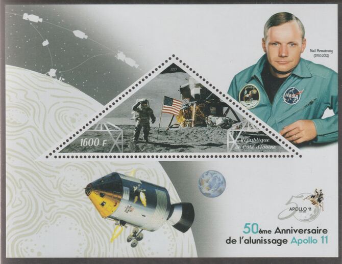 Ivory Coast 2019 50th Anniversary of Apollo 11 - Neil Armstrong perf deluxe sheet containing one triangular value unmounted mint