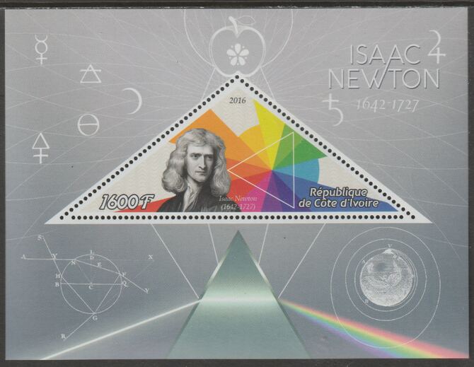 Ivory Coast 2016,Isaac Newton perf deluxe sheet containing one triangular value unmounted mint