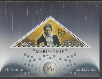 Ivory Coast 2016 Marie Curie perf deluxe sheet containing one triangular value unmounted mint