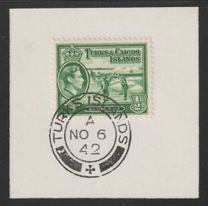 Turks & Caicos Islands 1938 KG6 Raking Salt 1/2d green,SG 195 on piece with full strike of Madame Joseph forged postmark type 427