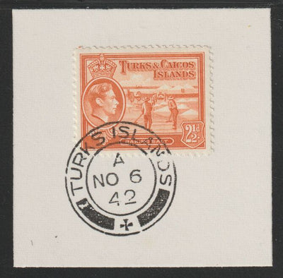 Turks & Caicos Islands 1938 KG6 Raking Salt 2.5d orange,SG 199 on piece with full strike of Madame Joseph forged postmark type 427