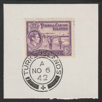 Turks & Caicos Islands 1938 KG6 Raking Salt 6d,mauve,SG 201 on piece with full strike of Madame Joseph forged postmark type 427