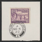 Turks & Caicos Islands 1938 KG6 Raking Salt 6d,mauve,SG 201 on piece with full strike of Madame Joseph forged postmark type 427
