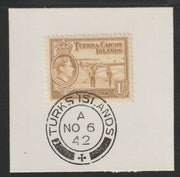 Turks & Caicos Islands 1938 KG6 Raking Salt 1s yellow-bistre,SG 202 on piece with full strike of Madame Joseph forged postmark type 427