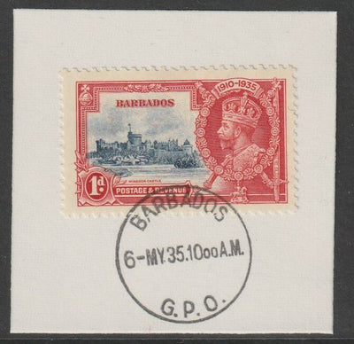 Barbados 1935 Silver Jubilee 1d on piece with full strike of Madame Joseph forged postmark type 46