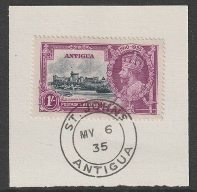 Antigua 1935 KG5 Silver Jubilee 1s on piece with full strike of Madame Joseph forged postmark type 16