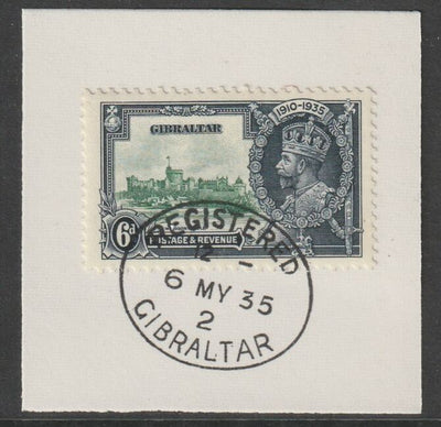 Gibraltar 1935 KG5 Silver Jubilee 6d on piece with full strike of Madame Joseph forged postmark type 185