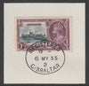 Gibraltar 1935 KG5 Silver Jubilee 1s on piece with full strike of Madame Joseph forged postmark type 185