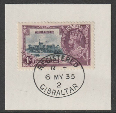 Gibraltar 1935 KG5 Silver Jubilee 1s on piece with full strike of Madame Joseph forged postmark type 185