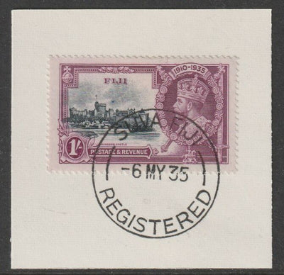 Fiji 1935 KG5 Silver Jubilee 1s on piece with full strike of Madame Joseph forged postmark type 161