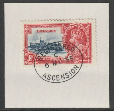 Ascension 1935 KG5 Silver Jubilee 1.5d on piece with full strike of Madame Joseph forged postmark type 22