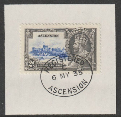 Ascension 1935 KG5 Silver Jubilee 2d on piece with full strike of Madame Joseph forged postmark type 22