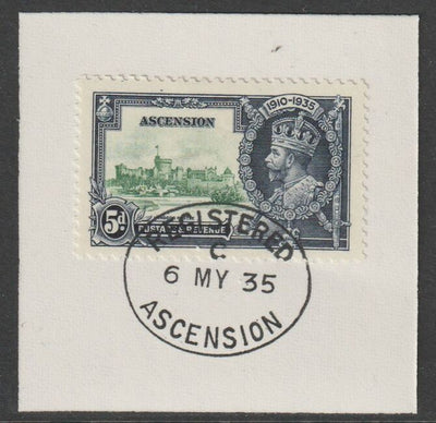 Ascension 1935 KG5 Silver Jubilee 5d on piece with full strike of Madame Joseph forged postmark type 22