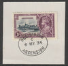 Ascension 1935 KG5 Silver Jubilee 1s on piece with full strike of Madame Joseph forged postmark type 22