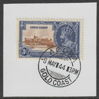 Gold Coast 1935 KG5 Silver Jubilee 3d on piece with full strike of Madame Joseph forged postmark type 198