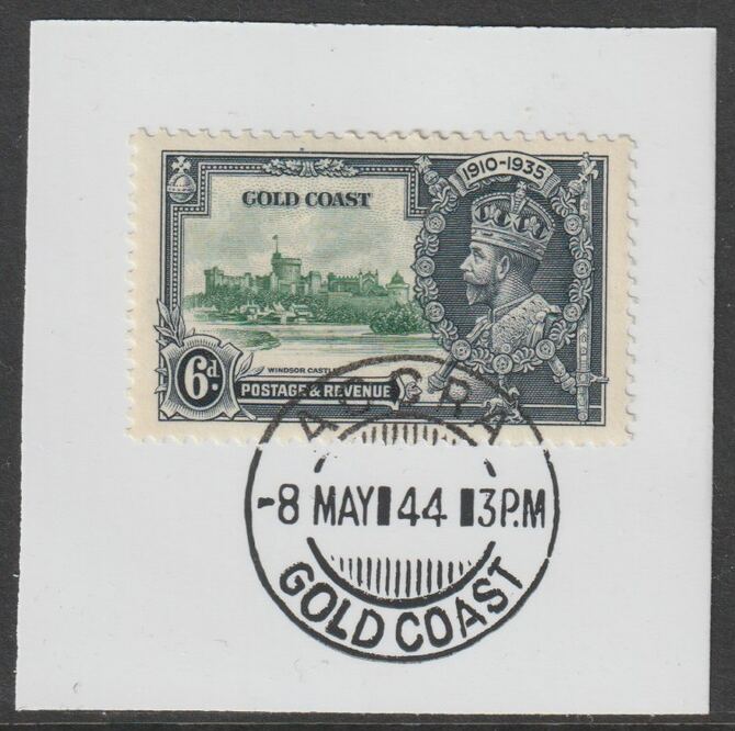 Gold Coast 1935 KG5 Silver Jubilee 6d on piece with full strike of Madame Joseph forged postmark type 198