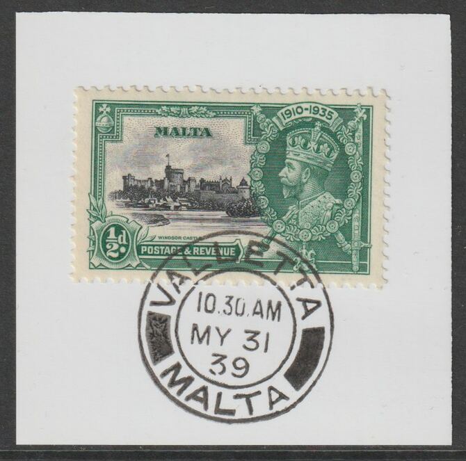 Malta 1935 KG5 Silver Jubilee 1/2d on piece with full strike of Madame Joseph forged postmark type 248