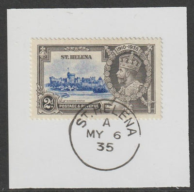 St Helena 1935 KG5 Silver Jubilee 2d on piece with full strike of Madame Joseph forged postmark type 342
