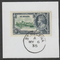 St Helena 1935 KG5 Silver Jubilee 6d on piece with full strike of Madame Joseph forged postmark type 342