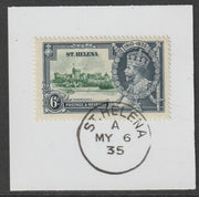 St Helena 1935 KG5 Silver Jubilee 6d on piece with full strike of Madame Joseph forged postmark type 342