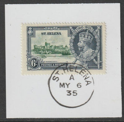 St Helena 1935 KG5 Silver Jubilee 6d on piece with full strike of Madame Joseph forged postmark type 342