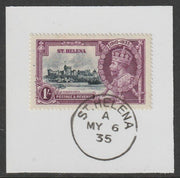 St Helena 1935 KG5 Silver Jubilee 1s on piece with full strike of Madame Joseph forged postmark type 342