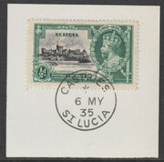 St Lucia 1935 KG5 Silver Jubilee 1/2d on piece with full strike of Madame Joseph forged postmark type 358