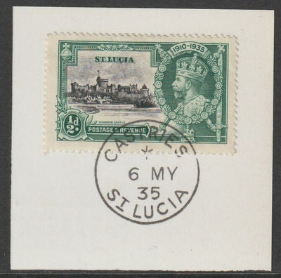 St Lucia 1935 KG5 Silver Jubilee 1/2d on piece with full strike of Madame Joseph forged postmark type 358