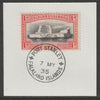 Falkland Islands 1933 Centenary 1d on piece with full strike of Madame Joseph forged postmark type 155