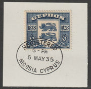 Cyprus 1928 KG5 50th Anniversary 6 pi blue,on piece with full strike of Madame Joseph forged postmark type 132