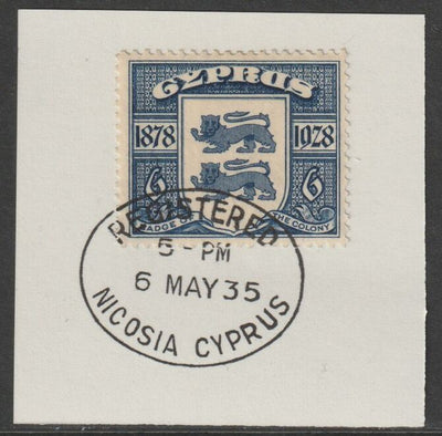 Cyprus 1928 KG5 50th Anniversary 6 pi blue,on piece with full strike of Madame Joseph forged postmark type 132