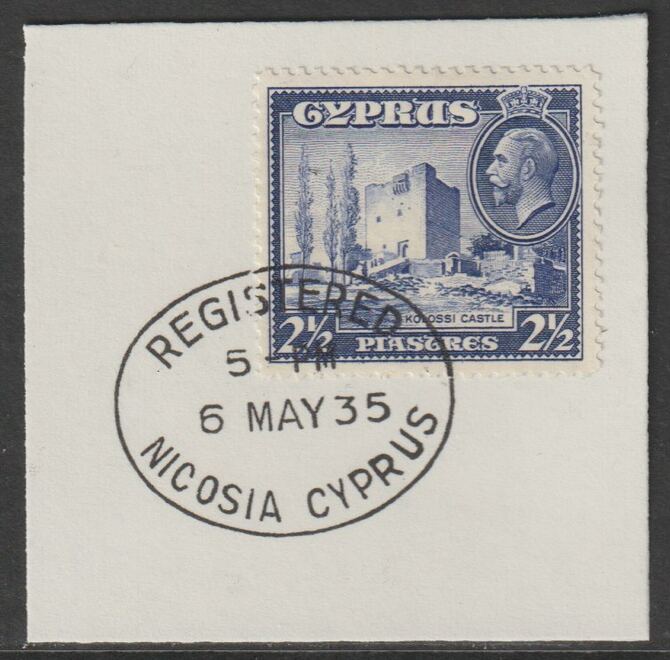 Cyprus 1934 KG5 Kolossi Castle 2.5pi ultramarine SG137 on piece with full strike of Madame Joseph forged postmark type 132