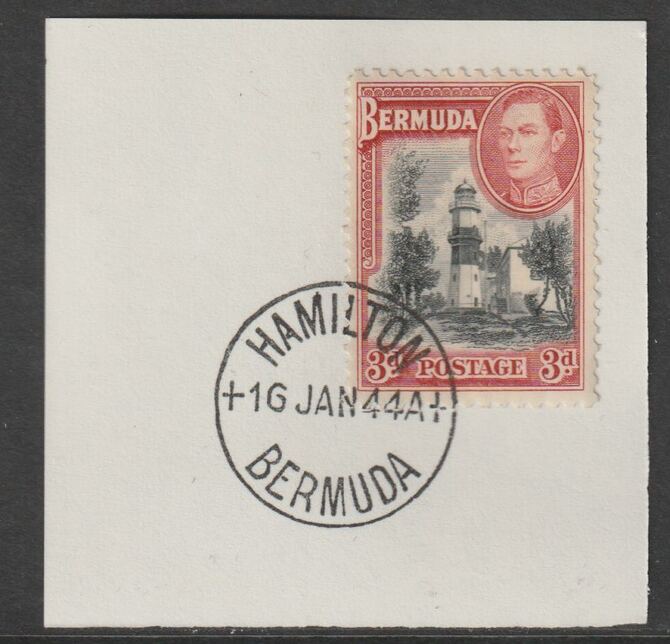 Bermuda 1938 KG6 3d black & rose-red on piece cancelled with full strike of Madame Joseph forged postmark type 64