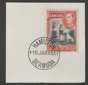 Bermuda 1938 KG6 3d black & rose-red on piece cancelled with full strike of Madame Joseph forged postmark type 64