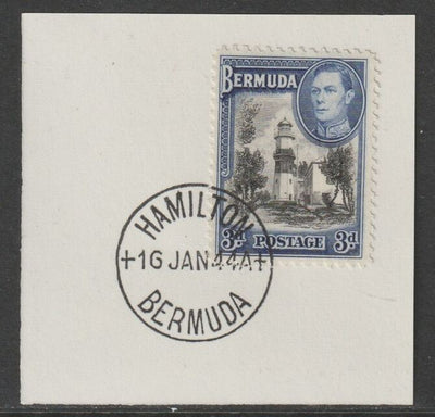 Bermuda 1938 KG6 3d black & deep blue on piece cancelled with full strike of Madame Joseph forged postmark type 64