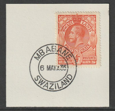 Swaziland 1933 KG5 Definitive 4d on piece with full strike of Madame Joseph forged postmark type 407