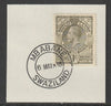 Swaziland 1933 KG5 Definitive 1s on piece with full strike of Madame Joseph forged postmark type 407