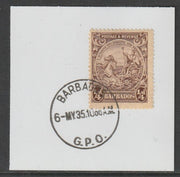 Barbados 1925 KG5 Britannia 1/4d brown on piece with full strike of Madame Joseph forged postmark type 46